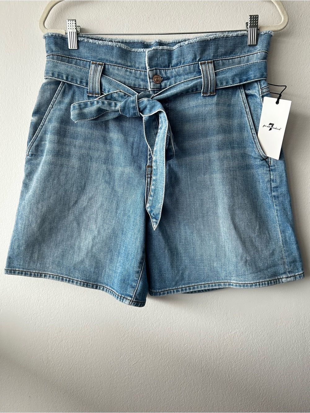 7 For All Mankind Washed Blue Denim Paperbag Tie-Waist Shorts